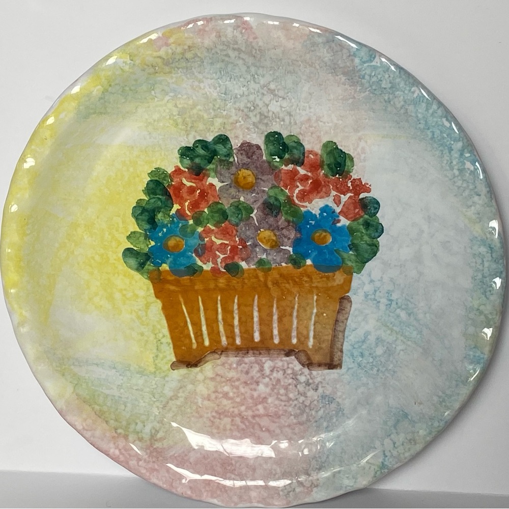 Hand Painted Plate Italy Scalloped Edge Spongeware Flowers Colorful Container